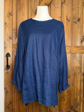 J. Jill 100% Linen Tunic Top Shirt Womens XL Navy Blue Coastal Chic Nautical EUC
